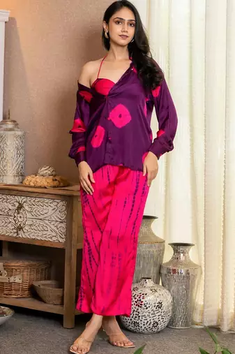 Pink tye dye printed satin co ord set