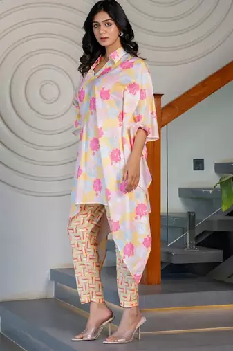 White floral printed muslin co ord set