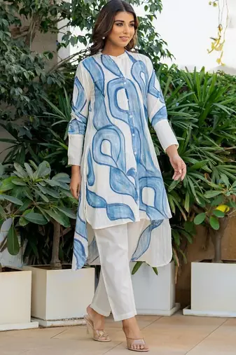 White and blue printed co ord set