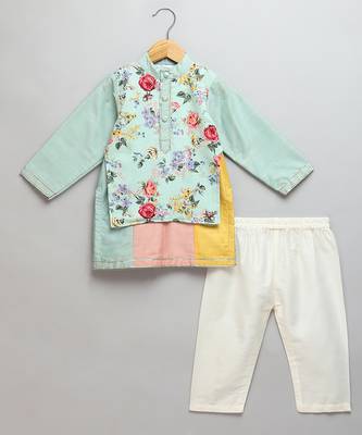 Blue printed cotton silk Boy's Kurta Pyjama 1