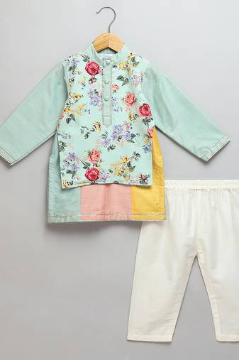 Blue printed cotton silk kurta pyjama