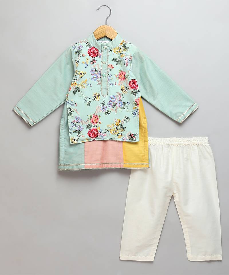 Blue printed cotton silk kurta pyjama