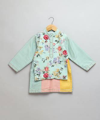 Blue printed cotton silk Boy's Kurta Pyjama 3
