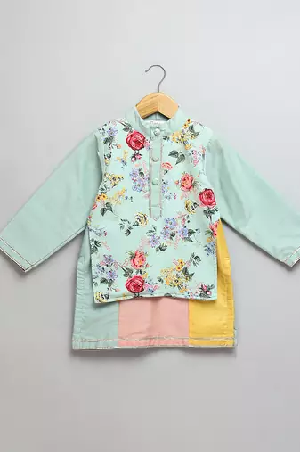 Blue printed cotton silk Boy's Kurta Pyjama