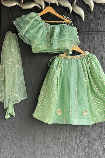 Green printed organza lehenga set