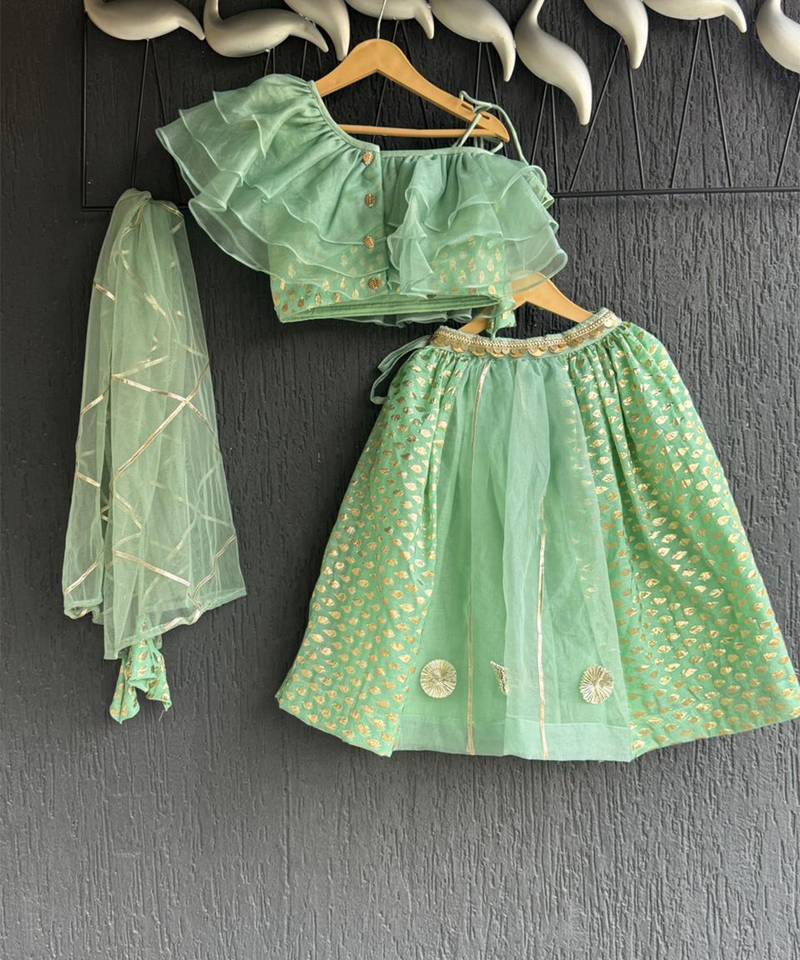 Green printed organza lehenga set