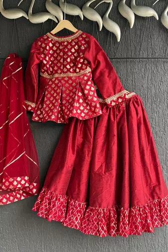 Red printed net lehenga set