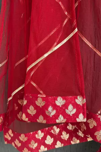 Red printed net lehenga set
