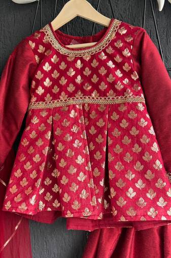 Red printed net lehenga set