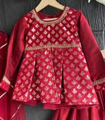 Red printed net lehenga set