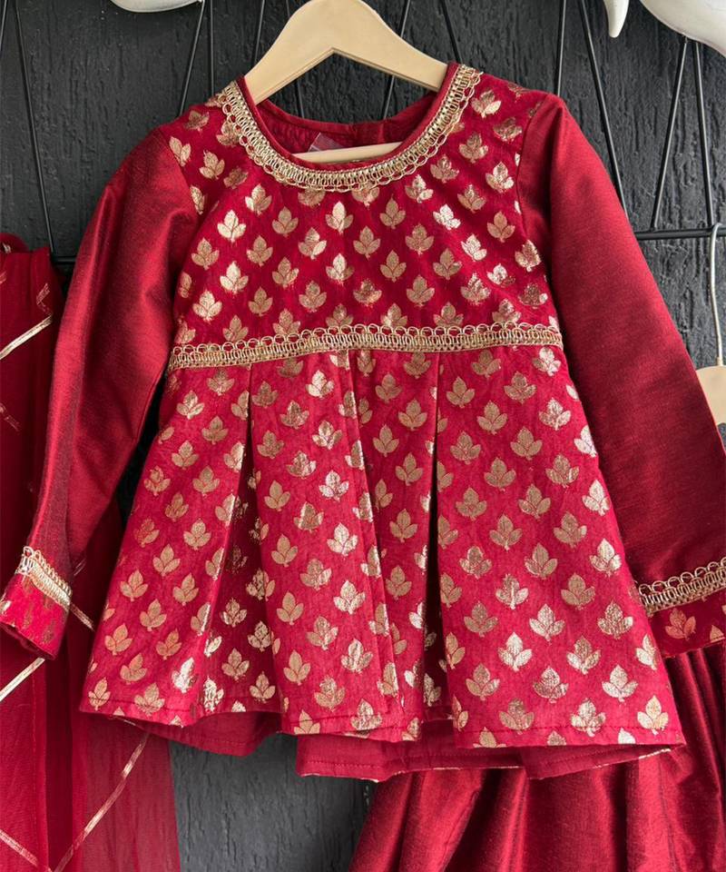 Red printed net lehenga set