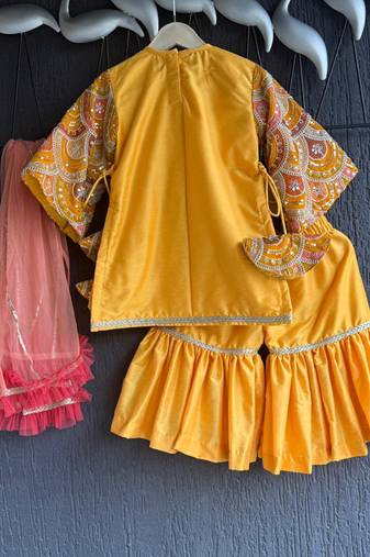 Yellow embroidered cotton silk sharara set