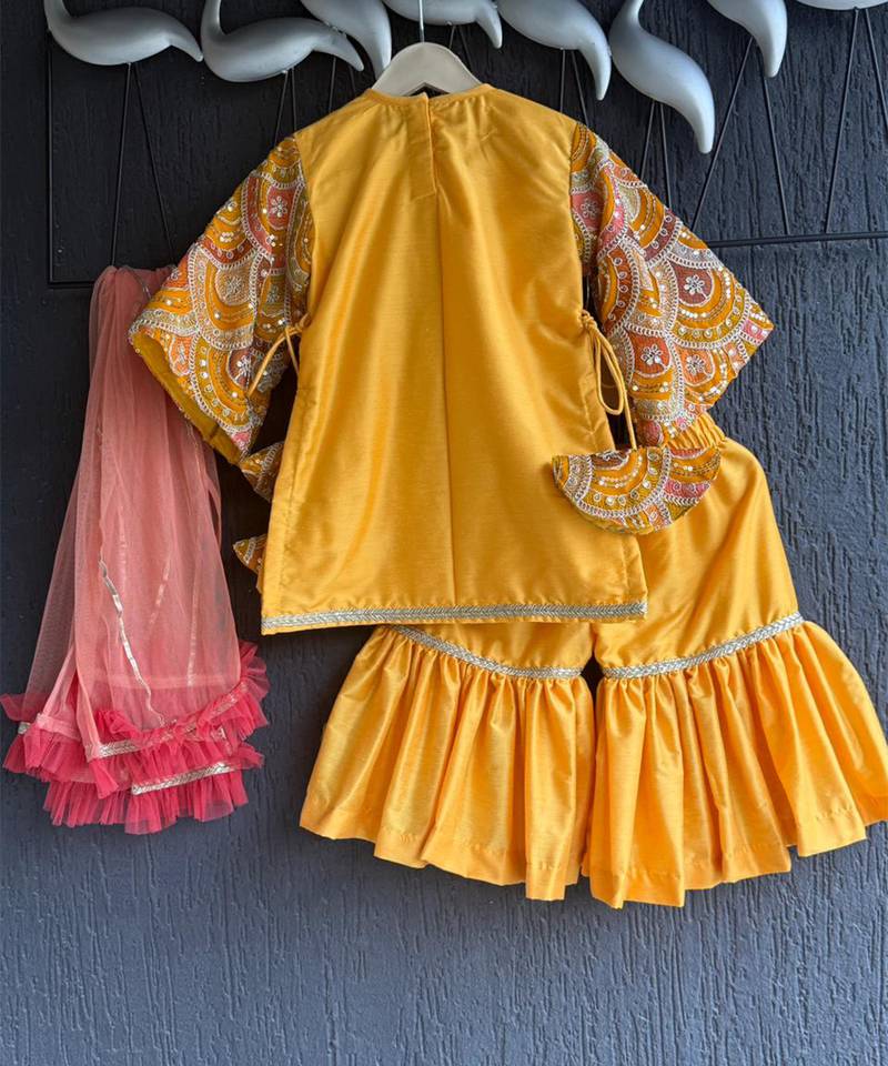 Yellow embroidered cotton silk sharara set