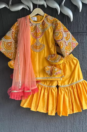 Yellow embroidered cotton silk sharara set
