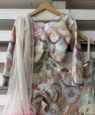 Multicolor embroidered cotton silk lehenga set 3