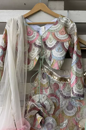 Multicolor embroidered cotton silk lehenga set
