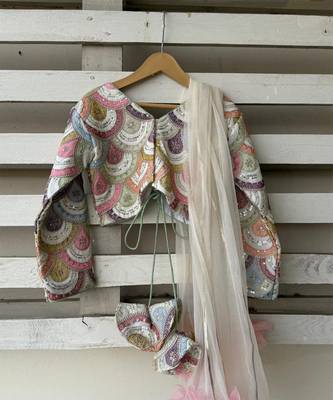 Multicolor embroidered cotton silk lehenga set 4