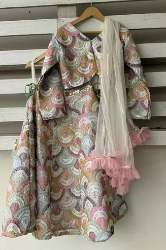 Multicolor embroidered cotton silk lehenga set