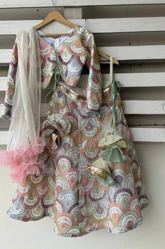 Multicolor embroidered cotton silk lehenga set