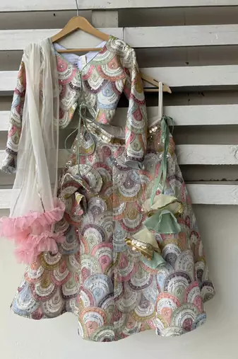 Multicolor embroidered cotton silk lehenga set