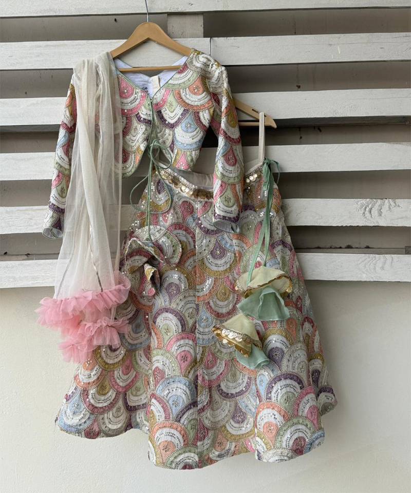 Multicolor embroidered cotton silk lehenga set