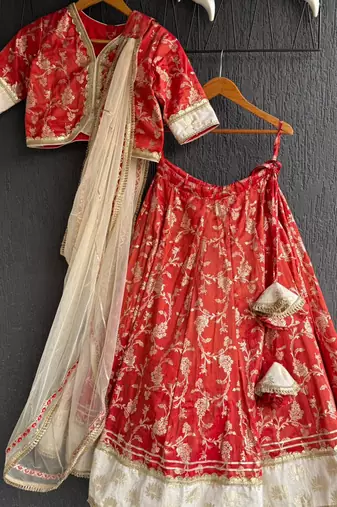 Red printed cotton silk lehenga set