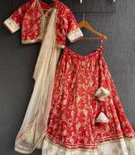 Red printed cotton silk lehenga set