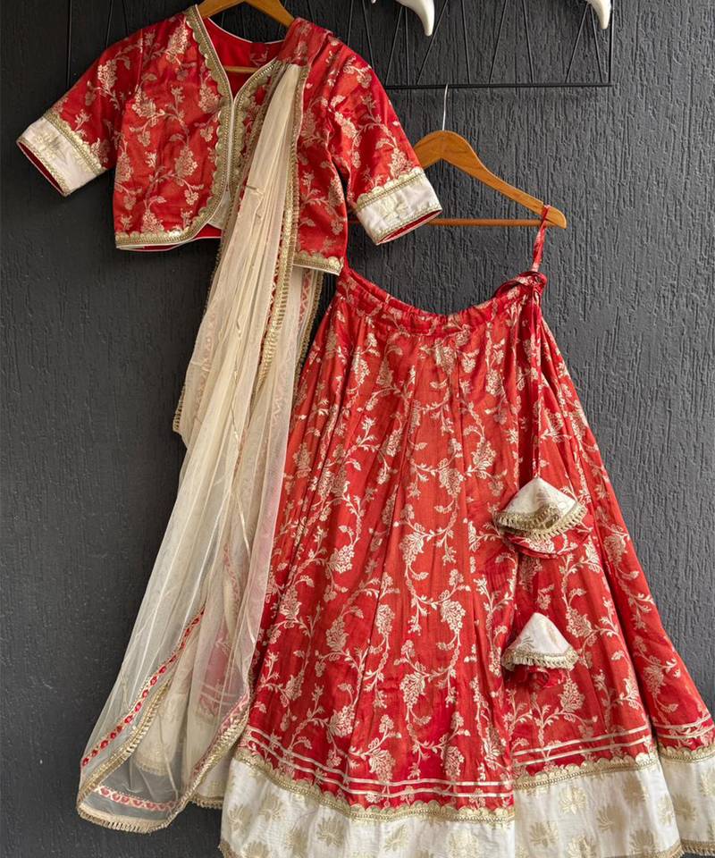 Red printed cotton silk lehenga set