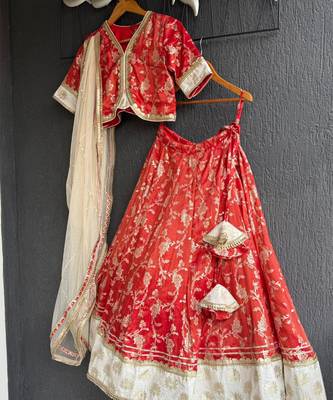 Red printed cotton silk lehenga set 2