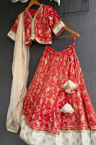 Red printed cotton silk lehenga set