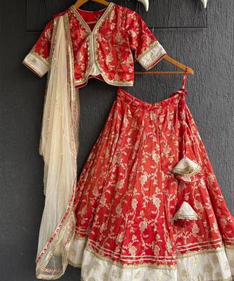 Red printed cotton silk lehenga set 3