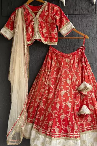 Red printed cotton silk lehenga set