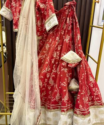 Red printed cotton silk lehenga set 4