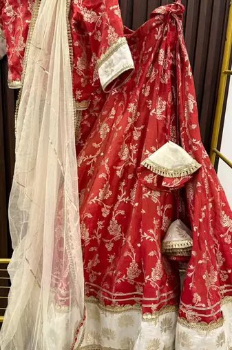 Red printed cotton silk lehenga set