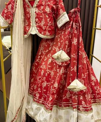 Red printed cotton silk lehenga set 5