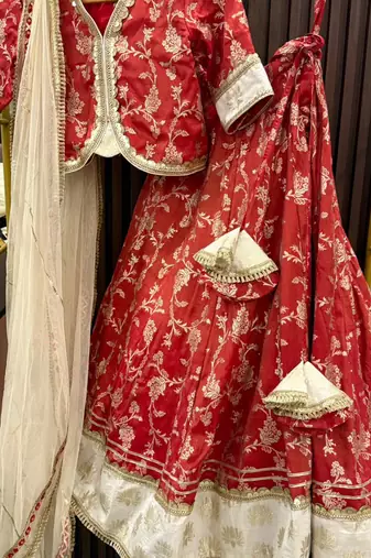 Red printed cotton silk lehenga set