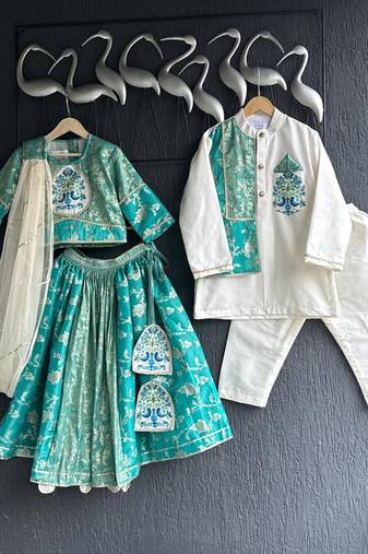 Blue printed cotton silk lehenga set