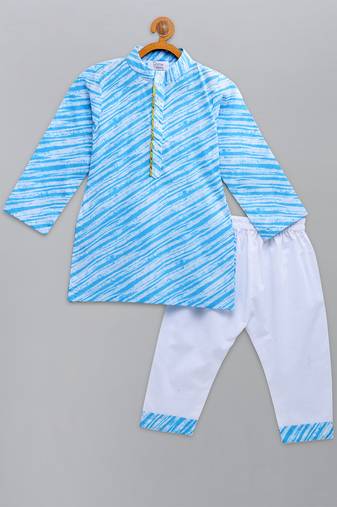 Blue printed cotton kurta pyjama