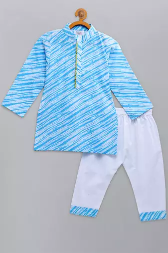 Blue printed cotton kurta pyjama