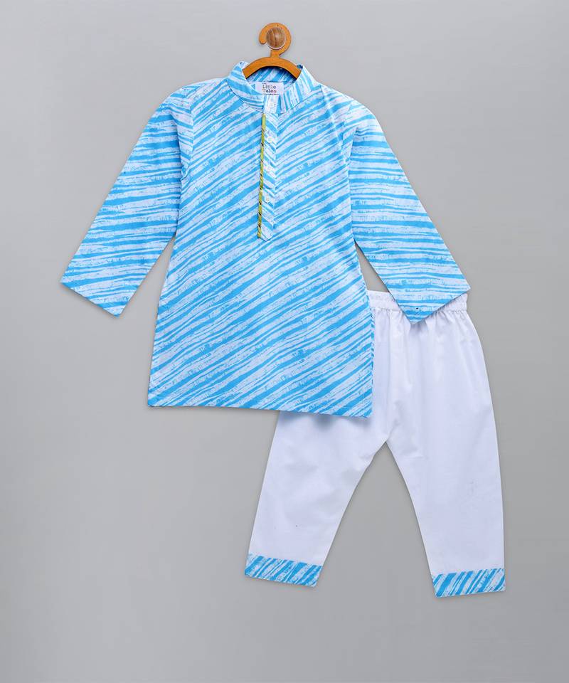 Blue printed cotton kurta pyjama
