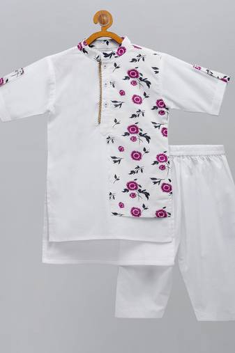 White printed cotton kurta pyjama