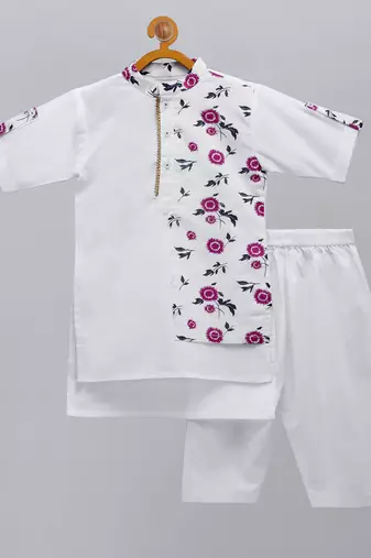 White printed cotton kurta pyjama