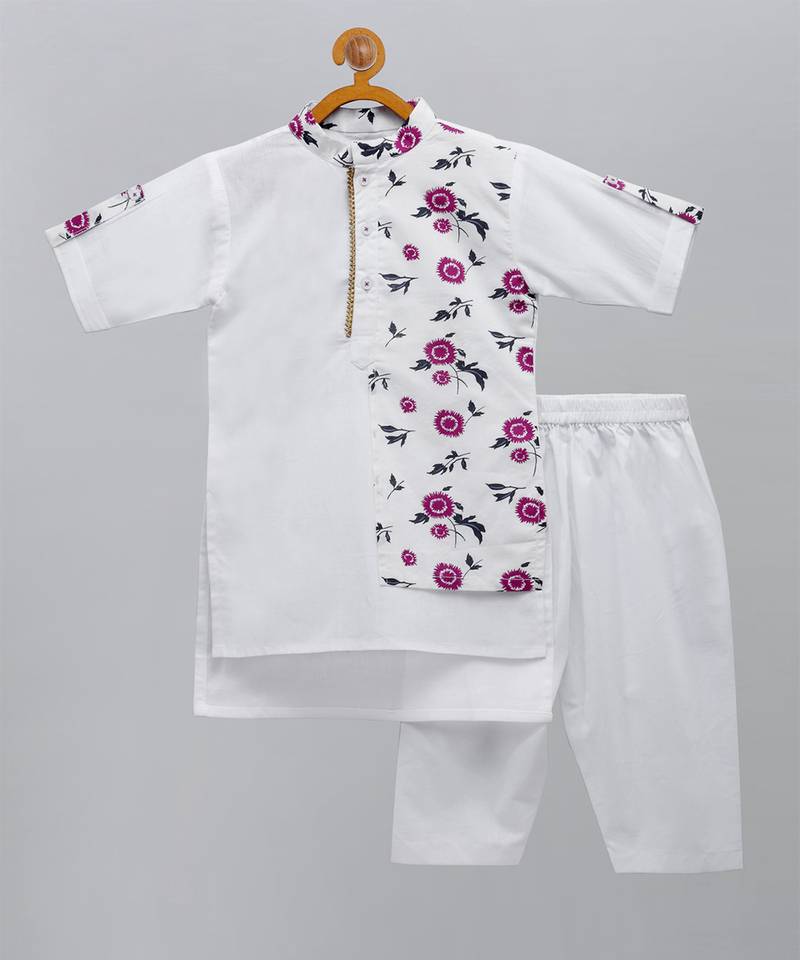 White printed cotton kurta pyjama