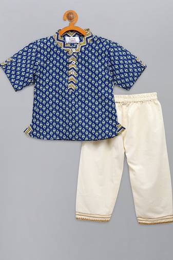 Blue printed cotton kurta pyjama