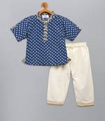 Blue printed cotton kurta pyjama