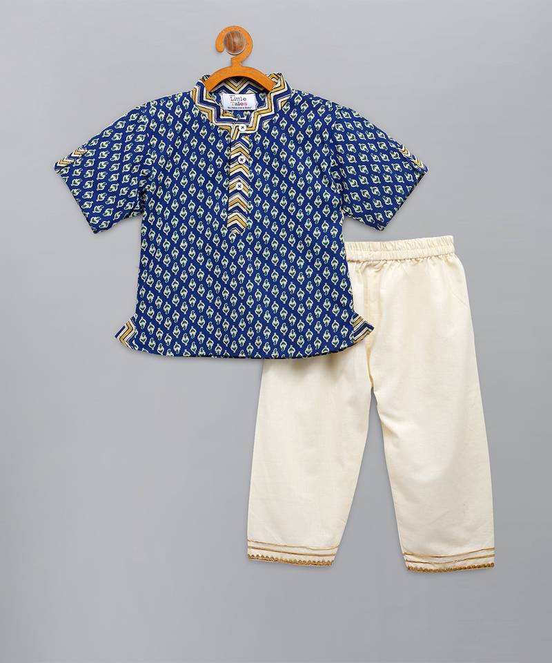 Blue printed cotton kurta pyjama