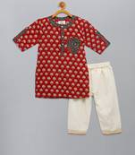 Red printed cotton kurta pyjama