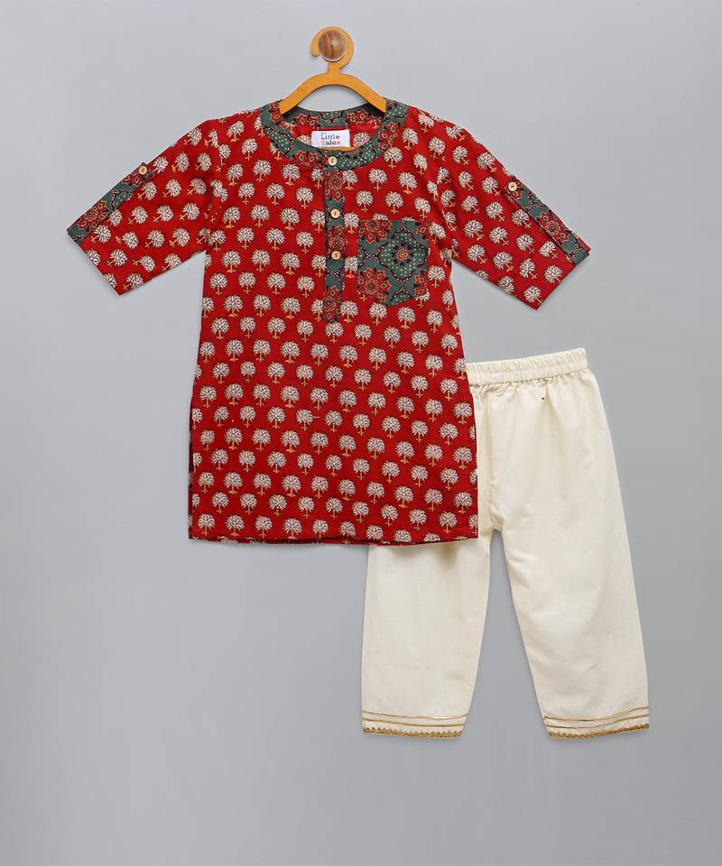 Red printed cotton kurta pyjama