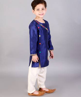 Blue embroidered cotton silk Boy's Kurta Pyjama 2