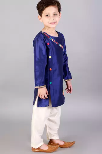 Blue embroidered cotton silk Boy's Kurta Pyjama